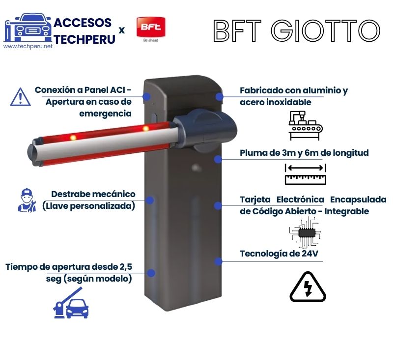 Venta e instalacion de Barrera Vehicular BFT GIOTTO 30S 60S BT A 30 BT A 60 Control de acceso vehicular - TechPeru